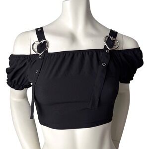 ROMWE Puff Sleeve Heart Buckle Crop Top Off Shoulder Metal Hearts Whimsigoth XS
